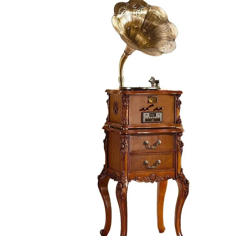 

American retro phonograph, classical record player, antique solid wood, European living room tea room big speaker stereo