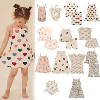 KS Girls Slip Dress Short Suit Vest Colorful Heart Cherry Flying Sleeve Dress Jumpsuit Vacation Casual Summer Kids Clothes