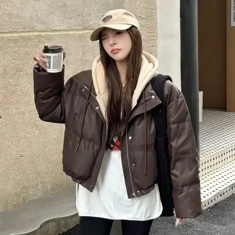 2025 Autumn/Winter New Women's Down Cotton Jacket Commuter Splicing Fake Two Piece Leather Jacket