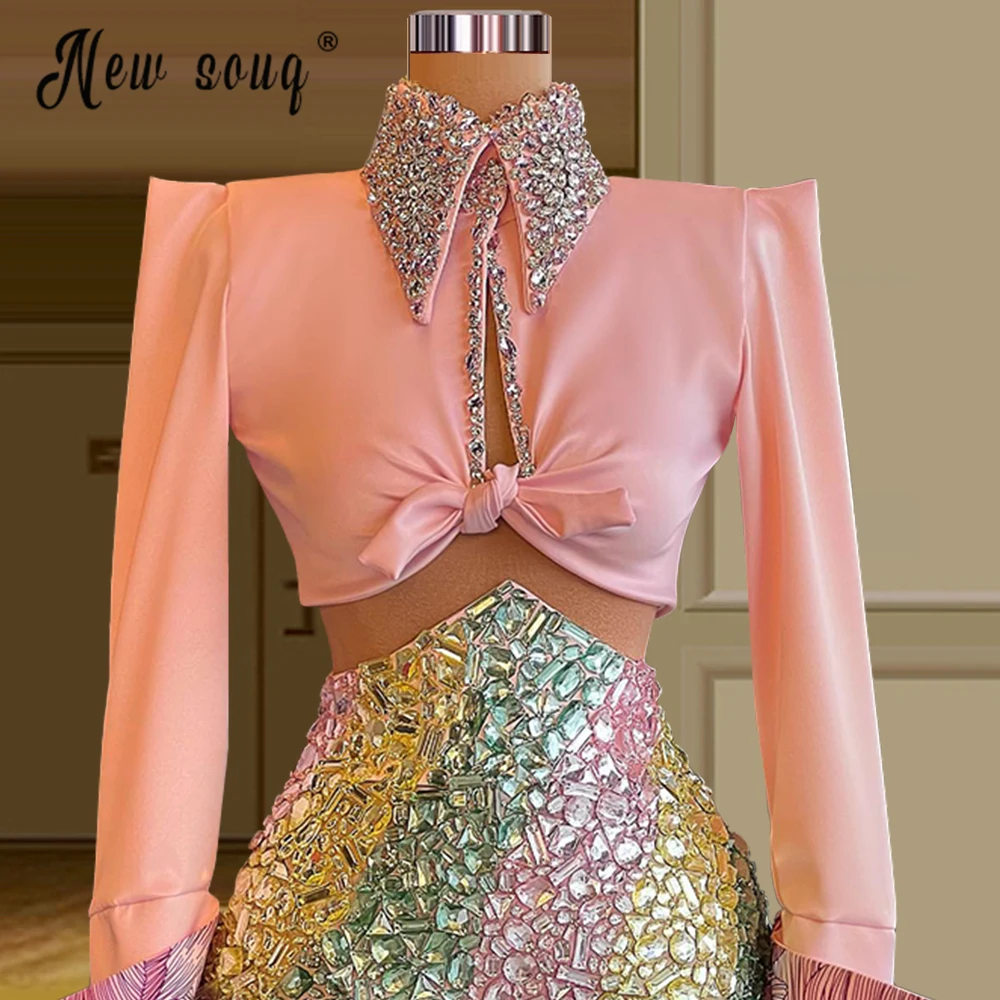 2023 Green Two Pieces Crystals Prom Gowns Soft Satin Beaded Blouse + Full Heavy Beaded Skirt Girls Graduation Party Dresses