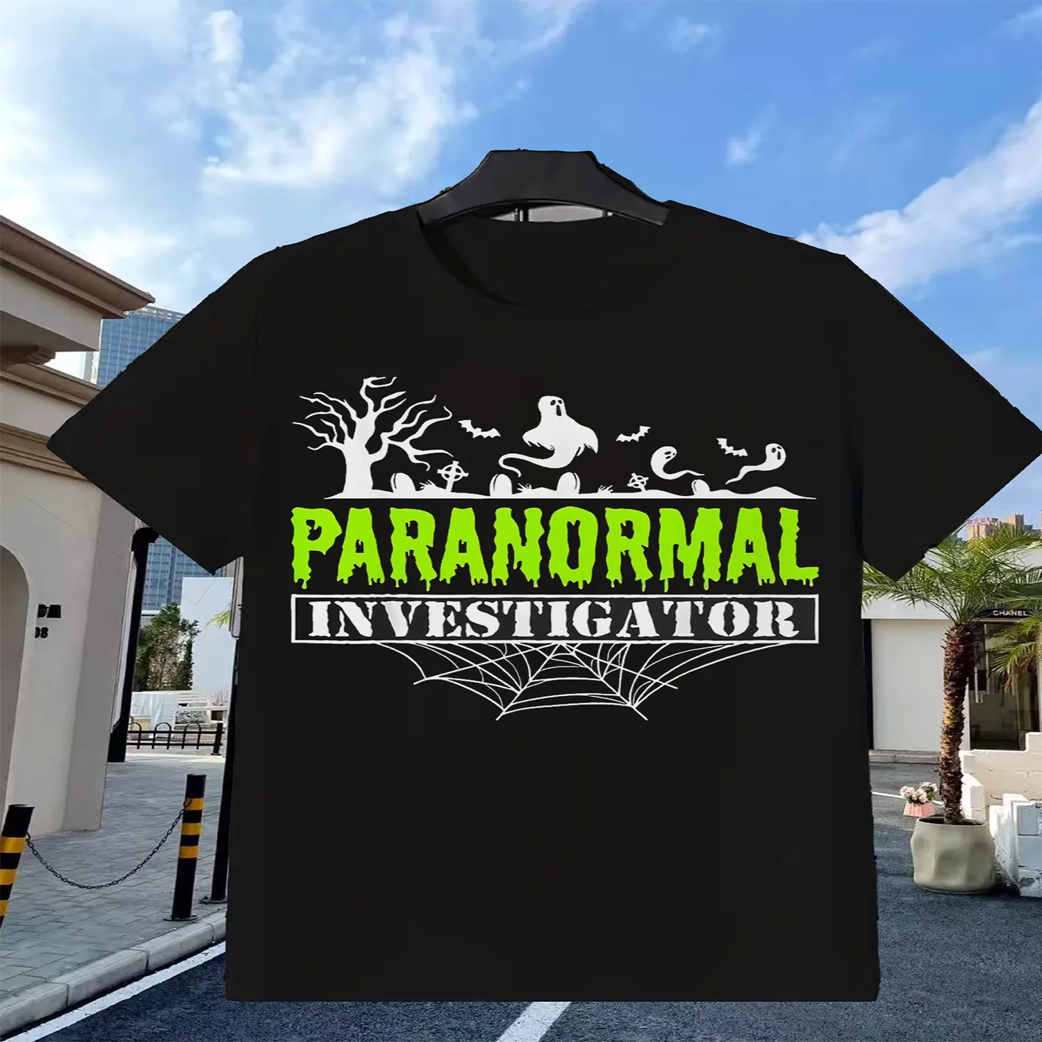 Paranormal Investigator T-Shirt _ Black Ghost and Bat Halloween Design for Horror Fans and Spooky Events, Comfortable Sports Enthusiast, Moisture-Wicking, Crew Neck, Regular Fit, All-Season, Vint Short Sleeve T Shirt, Birthday Gift Tee