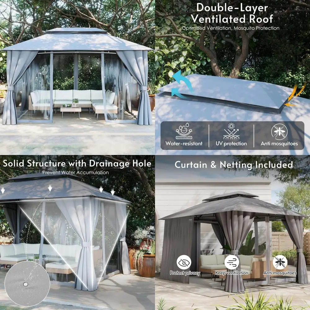 

Outdoor Gazebo with 10x13 Canopy, Mosquito Netting, Privacy Screens, and Double Roof Design in Powder-Coated Metal Frame