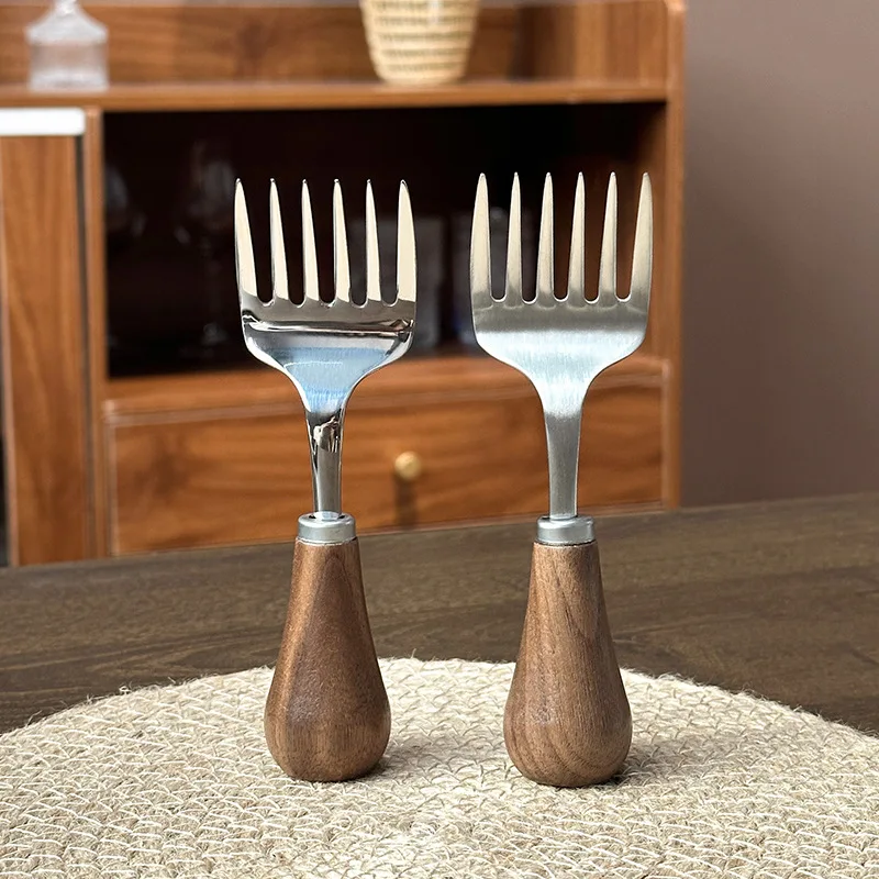 6-tooth Standing 304 Stainless Steel Fruit Fork Walnut Dessert Spoon Cute Wood Teaspoon Potato Press Mini Kitchen Tools