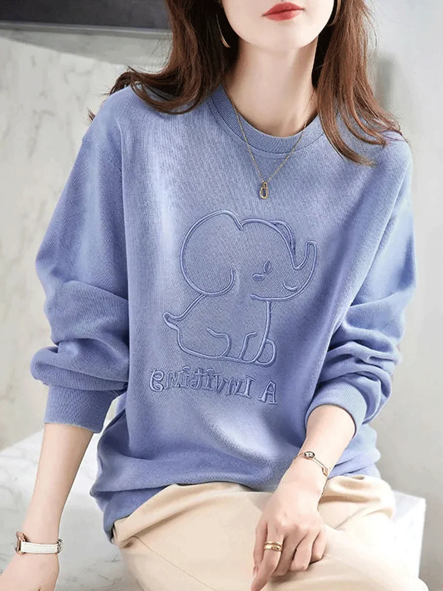 Reine Baumwolle runde Ne Sweatshirt frauen Leichte Lose Casual Faionable Cartoon Stickerei Hoodie Frühling Herbst Neue Ar...