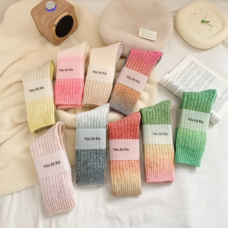 Gradient Colour Wool Socks Autumn and Winter Thickened Mid-calf Socks Warm Rainbow Coloured Stacked Socks Warm Floor Socks