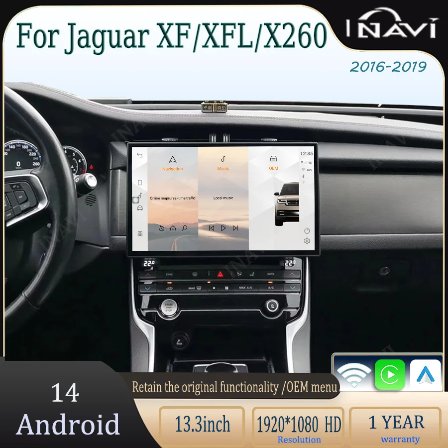 

13,3 дюймовый Android 14 медиаплеер для 2016-2019 Jaguar XF/XFL/X260 Радио беспроводной Carplay и авто сохранить оригинальное меню автомобиля