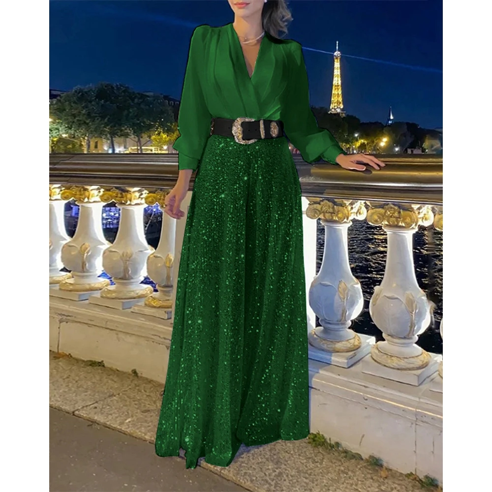 Sequins Decor Wide Leg Jumpsuit for Women 2024 Elegant Summer V-Neck Long Sleeve Jumpsuit Ruched One Piece Trendy Party Outfits