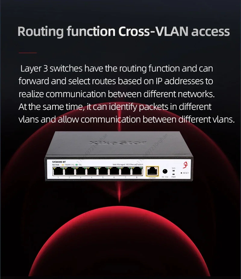 XikeStor Layer 3 Managed Ethernet Switch,8 full 10G RJ45 ports,Support static routing/vlan division,Temperature controlled fan
