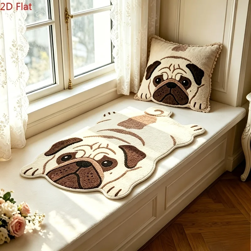 VIKAMA Cute Lying Pug Dog Shaped Irregular Doormat 2D Cartoon Pet Print Non Slip Absorbent Bathroom Entryway Floor Rug