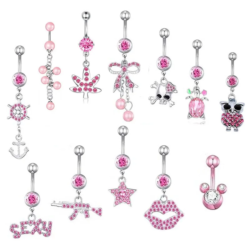 Stainless Steel Pink Maple Leaf Anchor Belly Button Nail Zircon A Variety of Optional Cute Simple Body Piercing