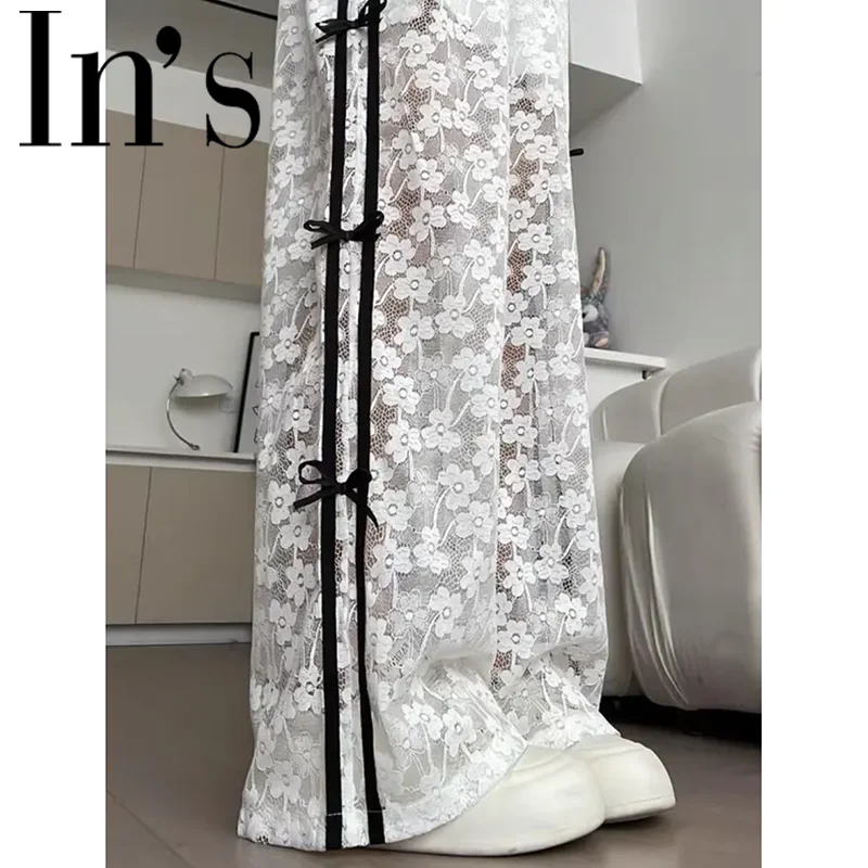 

Sweet Lace Hollow Side Bow Casual Pants Women Trousers 2025 Spring Thin High Waist Droop Loose Floor-length Wide-leg Pants