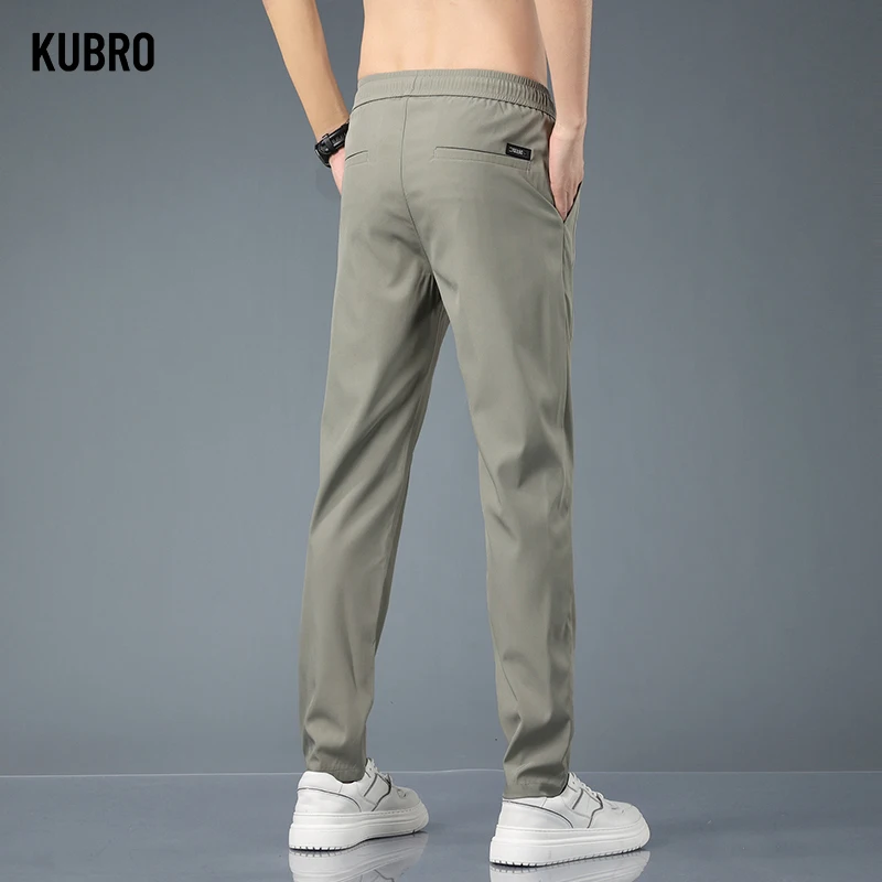 KUBRO Ice Silk Men\'s Pants 2023 Summer Black Gray Thin Business Casual Pants Outdoor Elastic Breathable Straight Leg Sweatpants