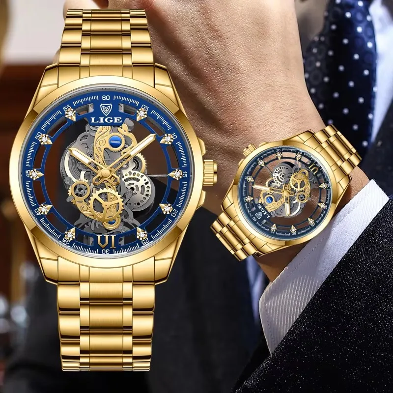 LIGE Мужские часы Скелет Кварцевые наручные часы Золотой скелет Мужские часы Лучший бренд Роскошные часы Мужские часы Relojs Hombre + коробка
