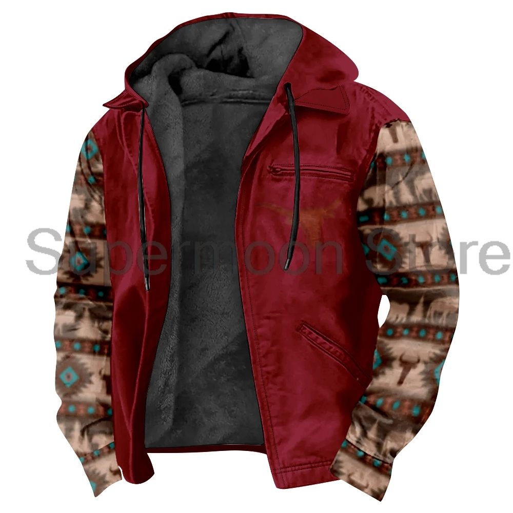 

Western Buffalo Outerwear Coat Aztec Pattern Unisex Long Sleeve Zip Hoodies Women Me Winter Jacket Parkas