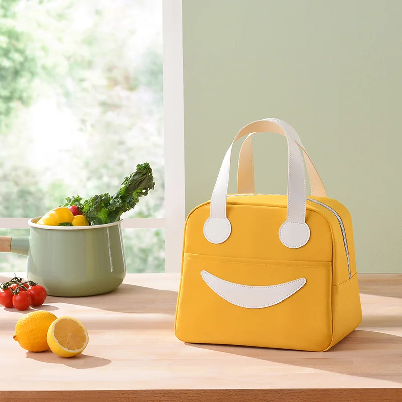 A Portable Cute Smile Lunch Bag Insulated Refrigerated Food Safe Girls Warm Food Picnic Office Student Zip Food Storage Box