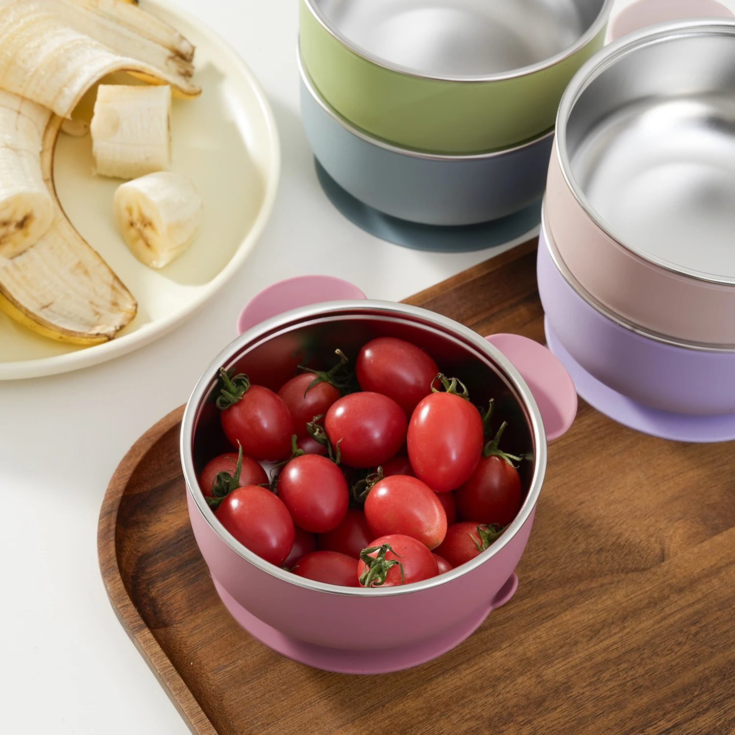 1PC Removable Silicone Stainless Steel Baby Feeding Bowl Toddler Solid Food Training Dishes Kids Infant Self Feeding Tableware
