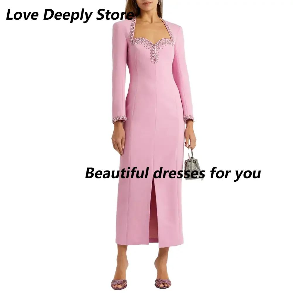 

Customized Long Sleeves Prom Dress Square Neck Sequins Party Dress Elegant Ankle Length Women Birthday Wedding Party Gowns