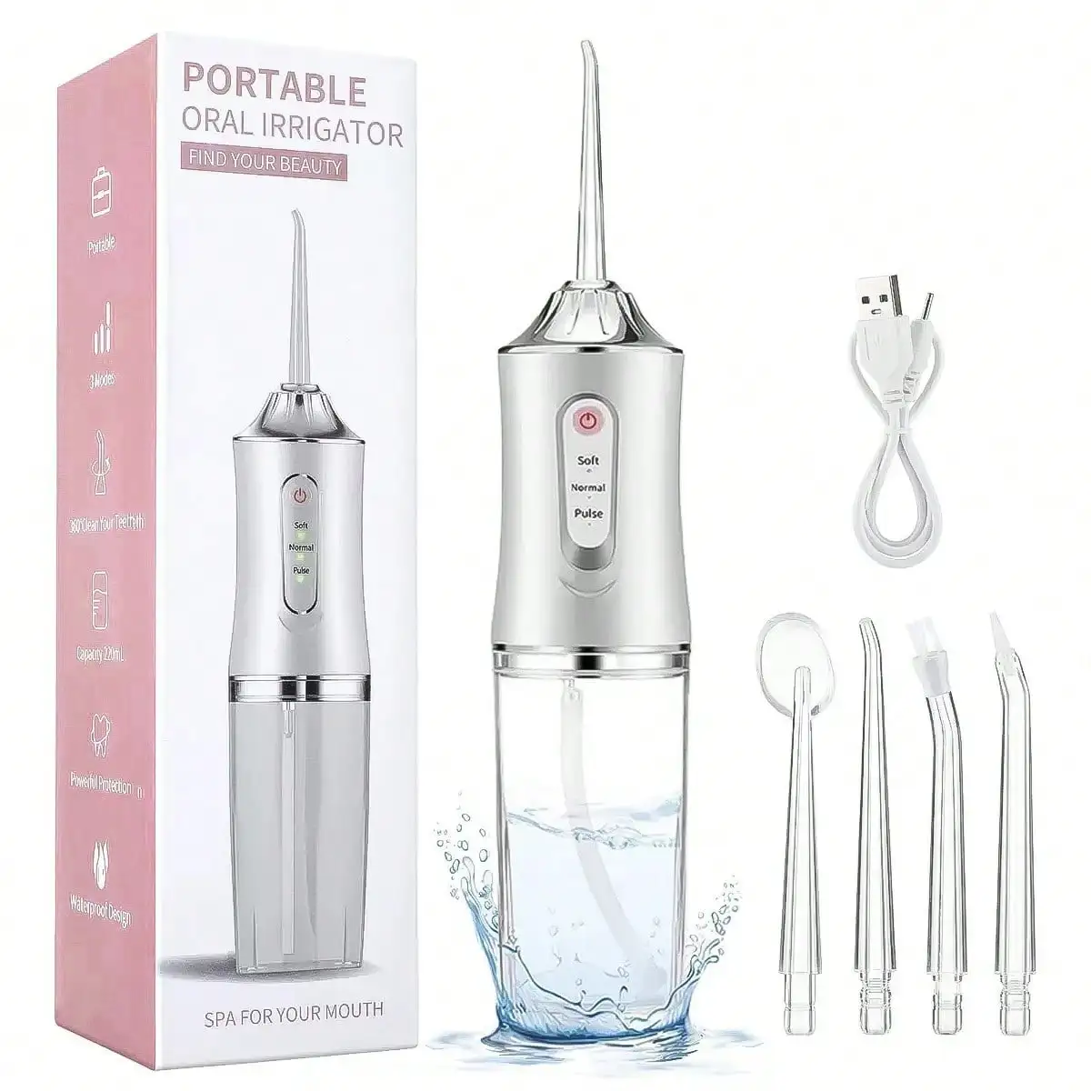 4-In-1 Electric Oral Care Cleaning Water Flosser, Pink Color, Power Dental Flossers USB Rechargeable, 3 Modes, 4 Nozzles, 300ml Water Tank, IPX7 Waterproof, Portable For Home/Travel, Ideal Gift For Men And Women