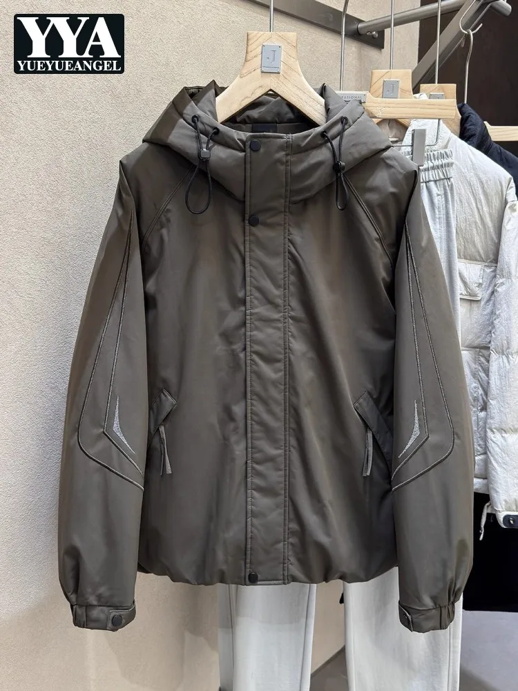 Mens Winter Windproof Warm Down Coat Embroidery Casual Stand Collar Hooded Outerwear Outside Loose Fit Streetwear Jacket Male