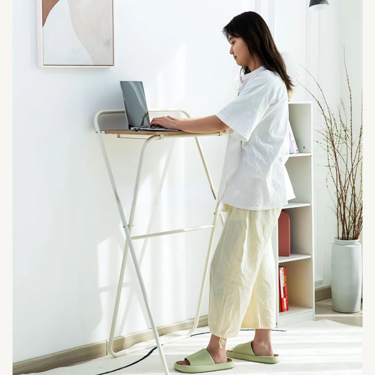 

Modern Simple Folding Bar Counter Standing Small High Table Heightened Balcony Narrow Strip Office Home Learning White 1.1M