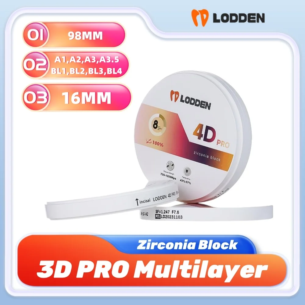 

Lodden Dental Zirconia Block 4D Pro Multilayer Denture Lab Materials Transparency 43-57% Strength 700-1200 100% Sinocera