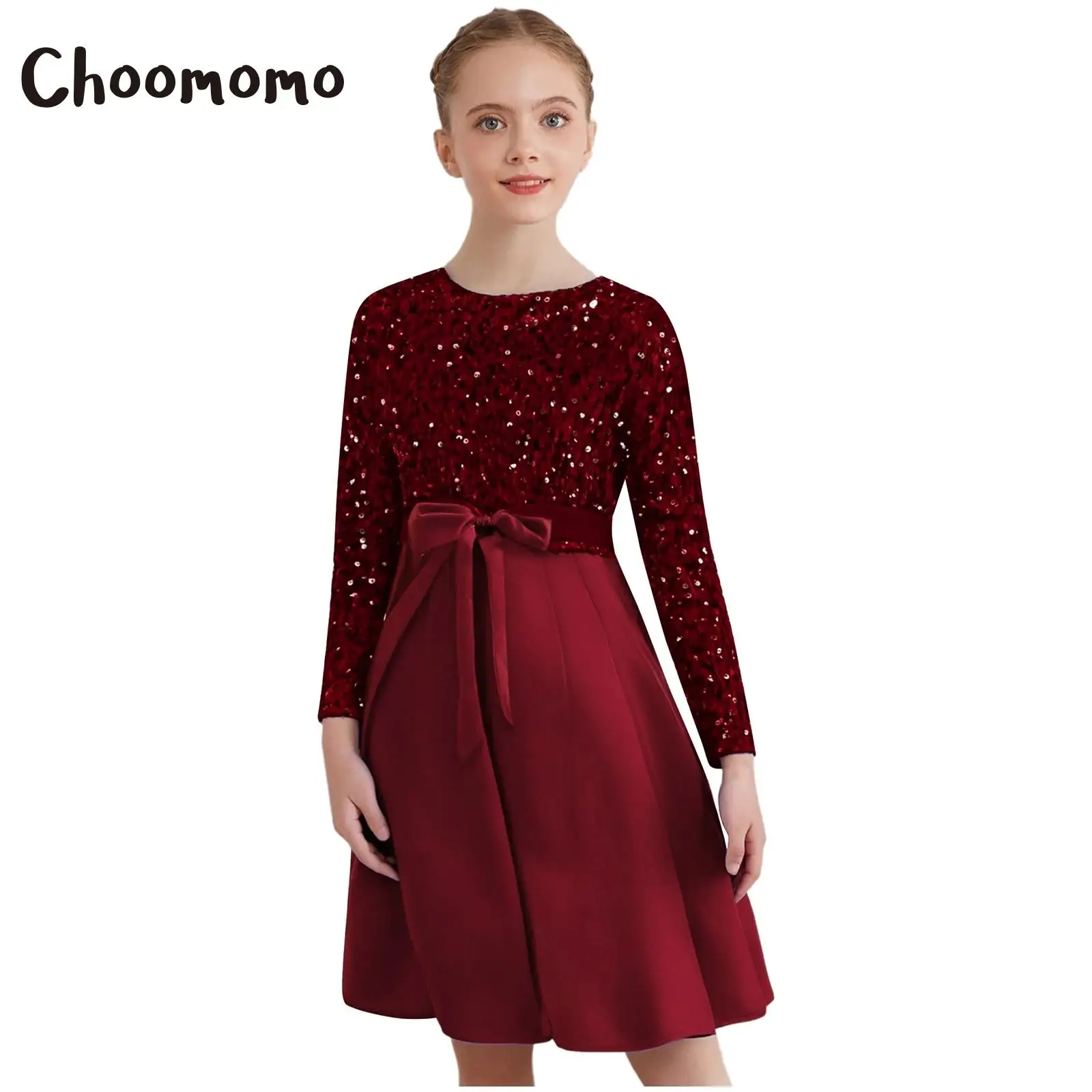 

Elegant Girls New Year Princess Dress Christmas Sequin Dress Long Sleeve Belted Pleated Dress Banquet Wedding Birthday Prom Gown