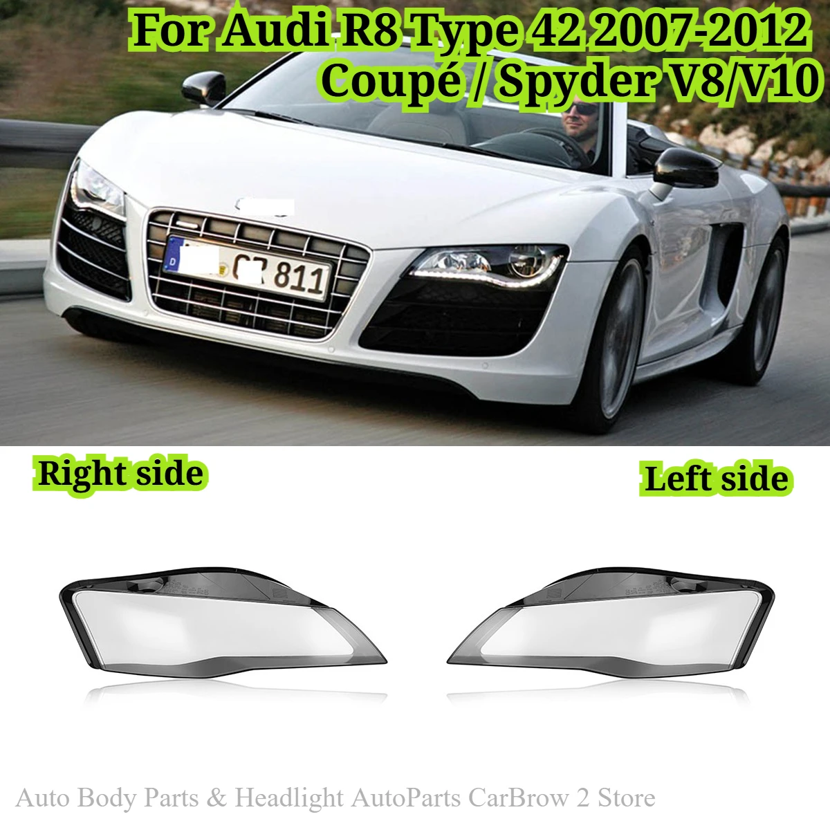 Headlamp Lens Cover Transparent Front Head Light Shell For Audi R8 Type 42 2007-2015 Replacement Auto Headlight PC Cover