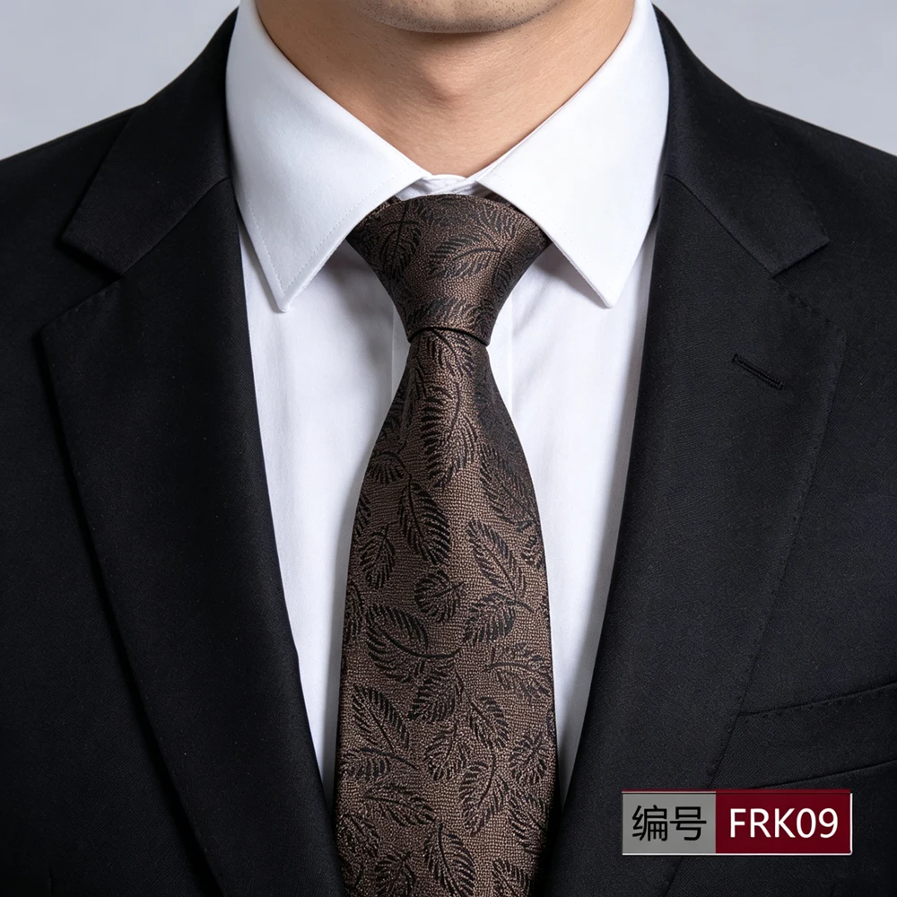 Gentleman 8cm Wide Leaf Motif Jacquard Necktie Coffee Brown Subtle Black Leaf Print Tie Understated Formal Suit Accessory