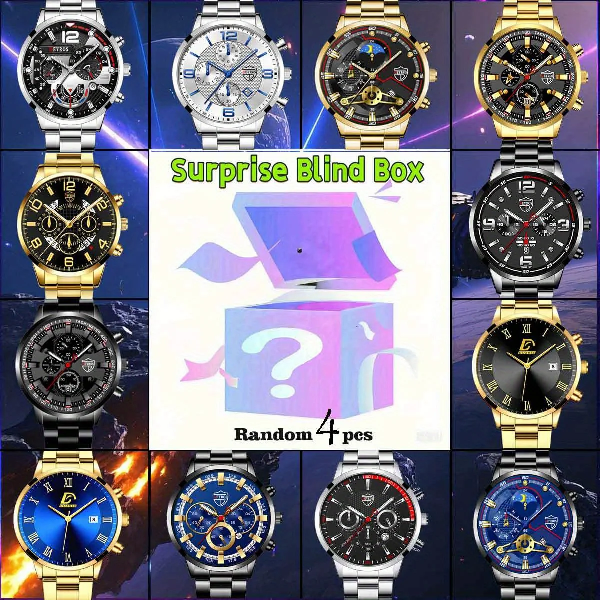 

Загадочная коробка, случайные, 4-х предметные, стильные мужские кварцевые часы с круглым циферблатом, идеальный подарок на День отца, День матери, День учителя