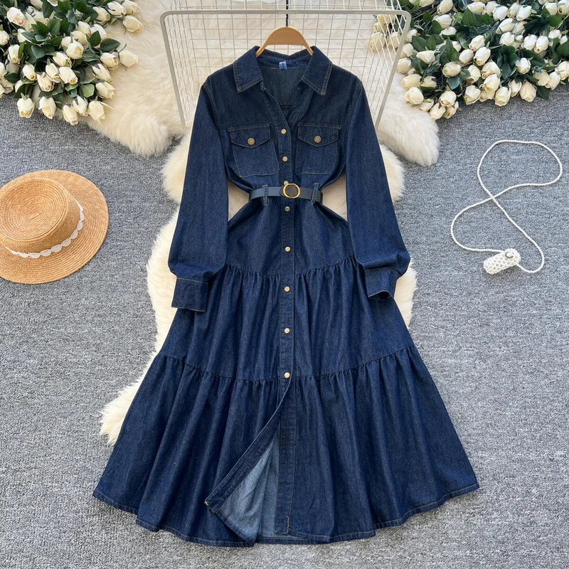 WTHT 2025 Spring Elegant Fashion Single Breasted Waist Hugging Denim Dress Lapel Long Sleeve Wrinkled Dresses Female 1LS814