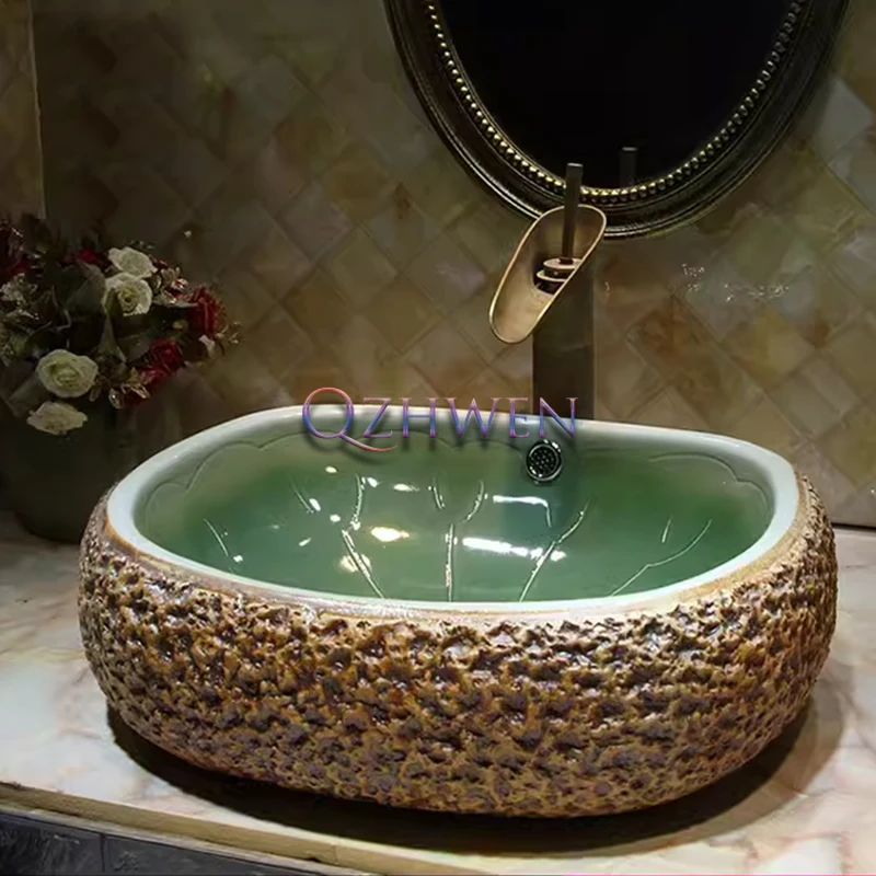 

48cm Chinese Retro Bathroom Sink Imitation Stone Ceramic Washbasin Balcony Art Basin Toilet Countertop Sink with Overflow