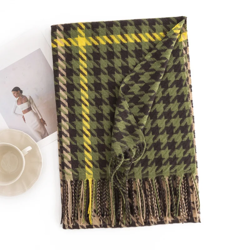 2025 Winter New Imitation Cashmere Fashion Contrasting Colors Thousand Bird Grid Fringed Scarf Warm Versatile Large Shawl Gifts