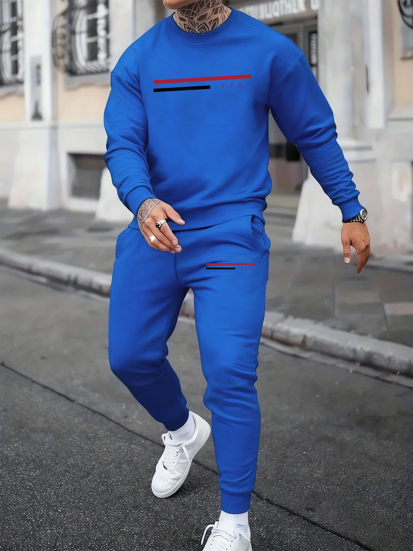 Usa Einfache Linie Druck Mans Herbst Sweatshirt Set Mode Jogging Zwei Stücke Sets Lose Fleece Sweatshirts Casual Jogginghose