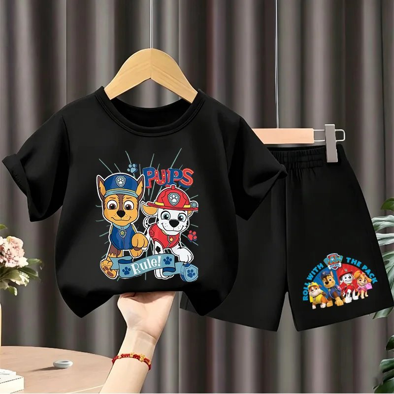 Conjunto de 2 piezas de camiseta y pantalones cortos de algodón para niños, con estampado de Chase y Marshall de Patrulla Canina, color negro, para verano