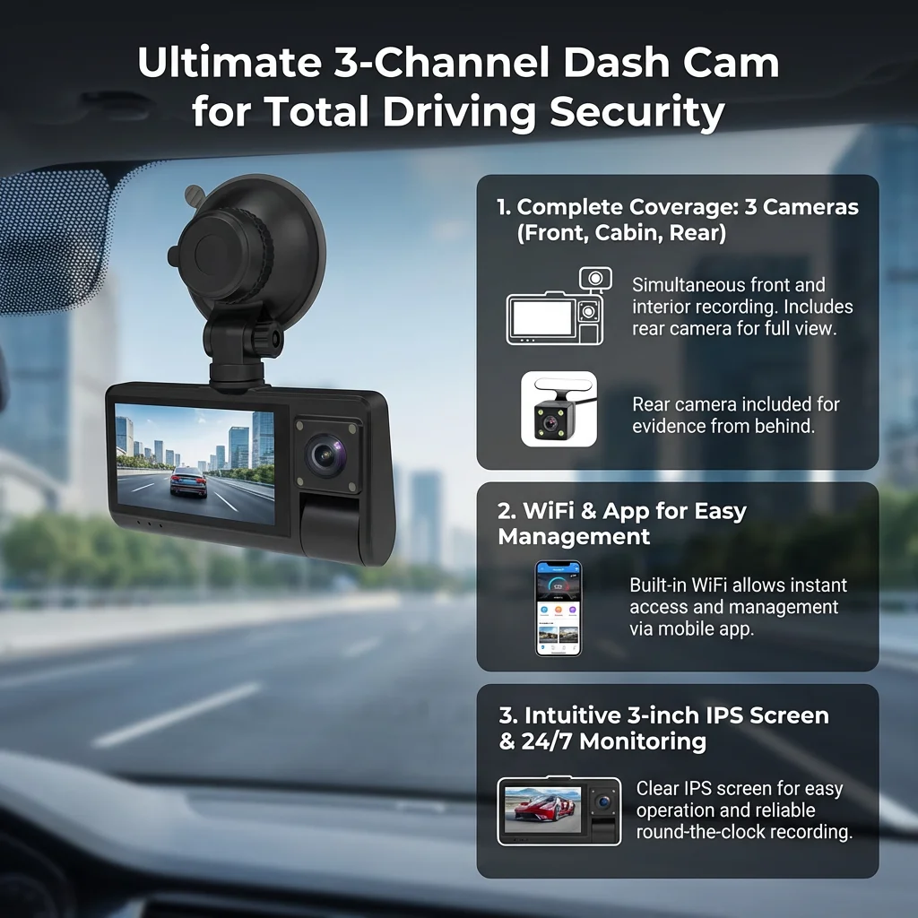 3 Channel WiFi Dash Cam 1080p HD Driving Recorder with Backup Camera Night Vision Loop Recording Motion Detection 3 Inch Car DVR