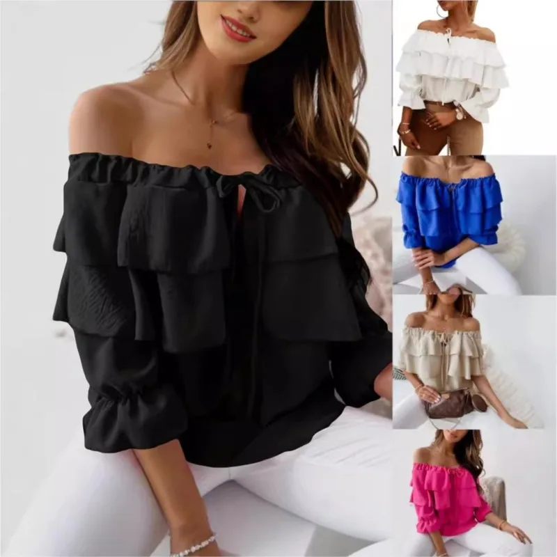 

2025 New Product One Word Collar Head Chiffon Strap T-shirt Casual Loose Ruffle Edge Short Sleeve Top Women's Wear Camisa