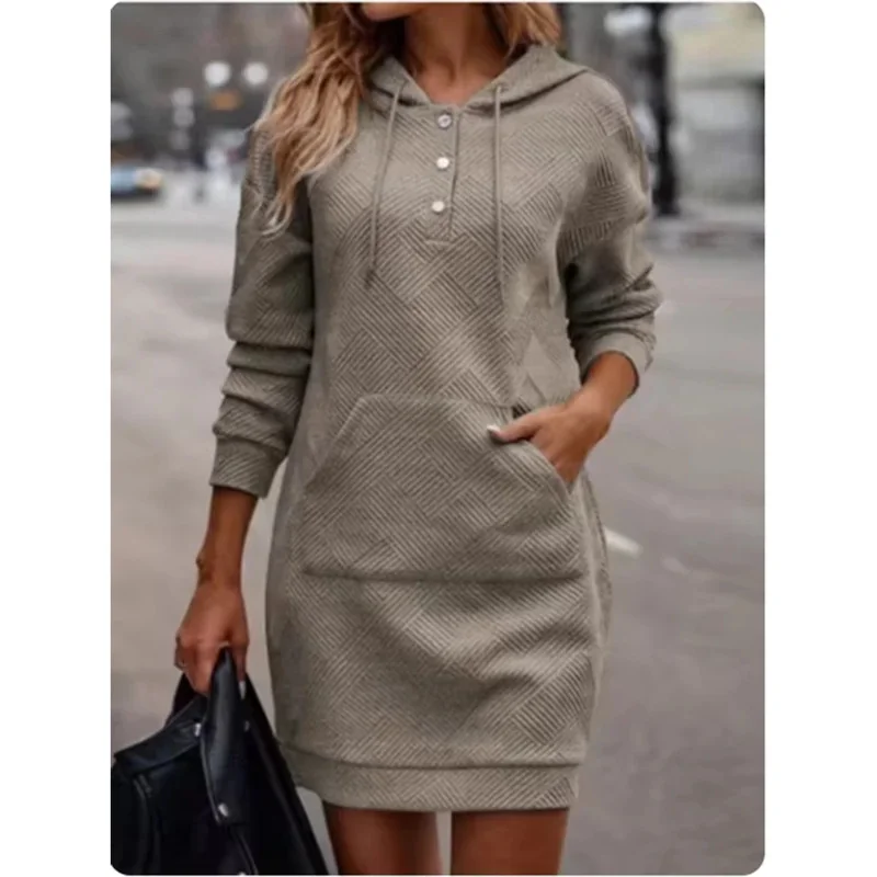 

Button Hooded Pocket Pullover Top Women's High Street Casual Comfortable Autumn Winter Solid Color Mini Dress