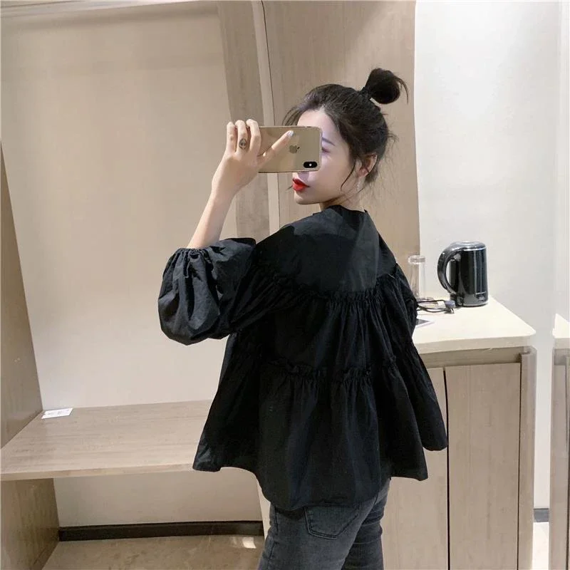 Gidyq Women Folds Shirts Fashion Streetwear Female Loose Nine Quarter Sleeve Shirts Y2K Korean Casual All Match Black Blouse