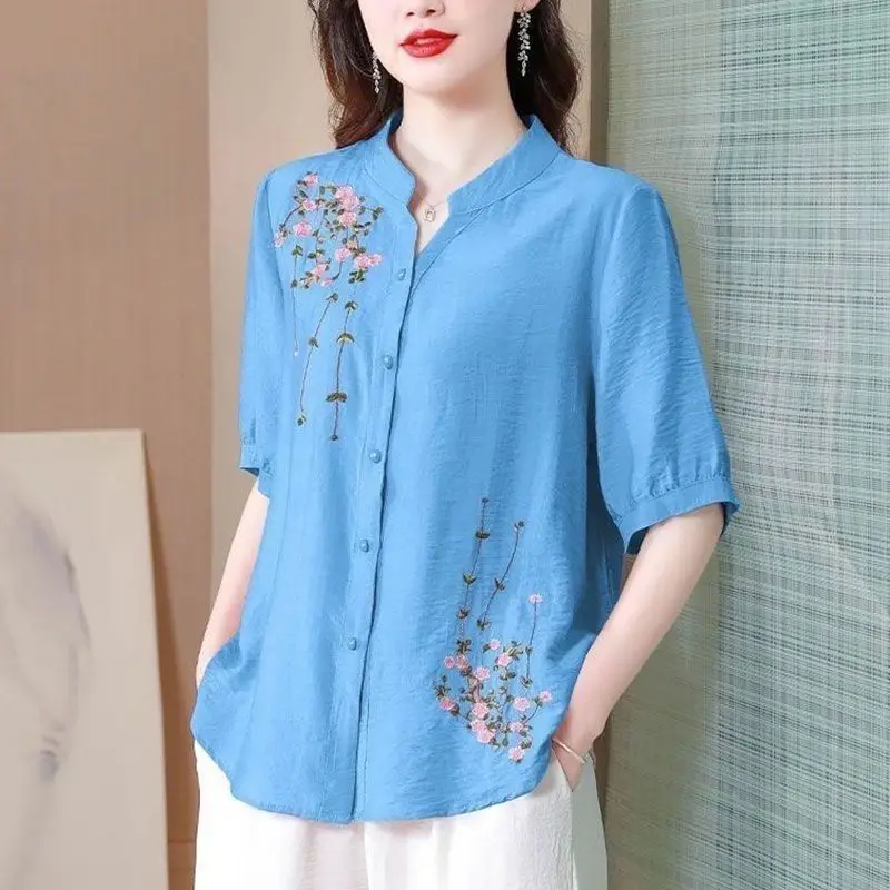 Embroidery Cotton Linen Casual Women Blouse Fashion Loose Elegant Shirt Plus Size V Neck Tops Long Sleeve S-4XL