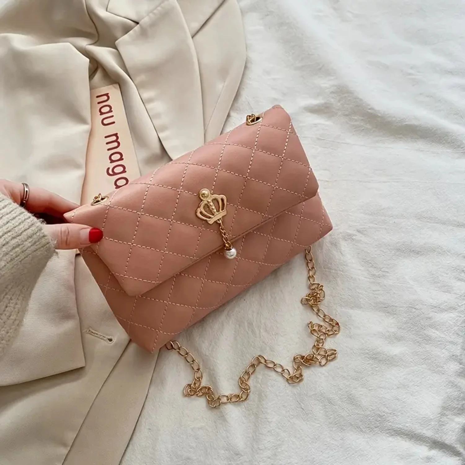 

Quilted Rhombus Crossbody Bag For Women, Underarm Shoulder Bag With Metal Chain, Satchel Bag