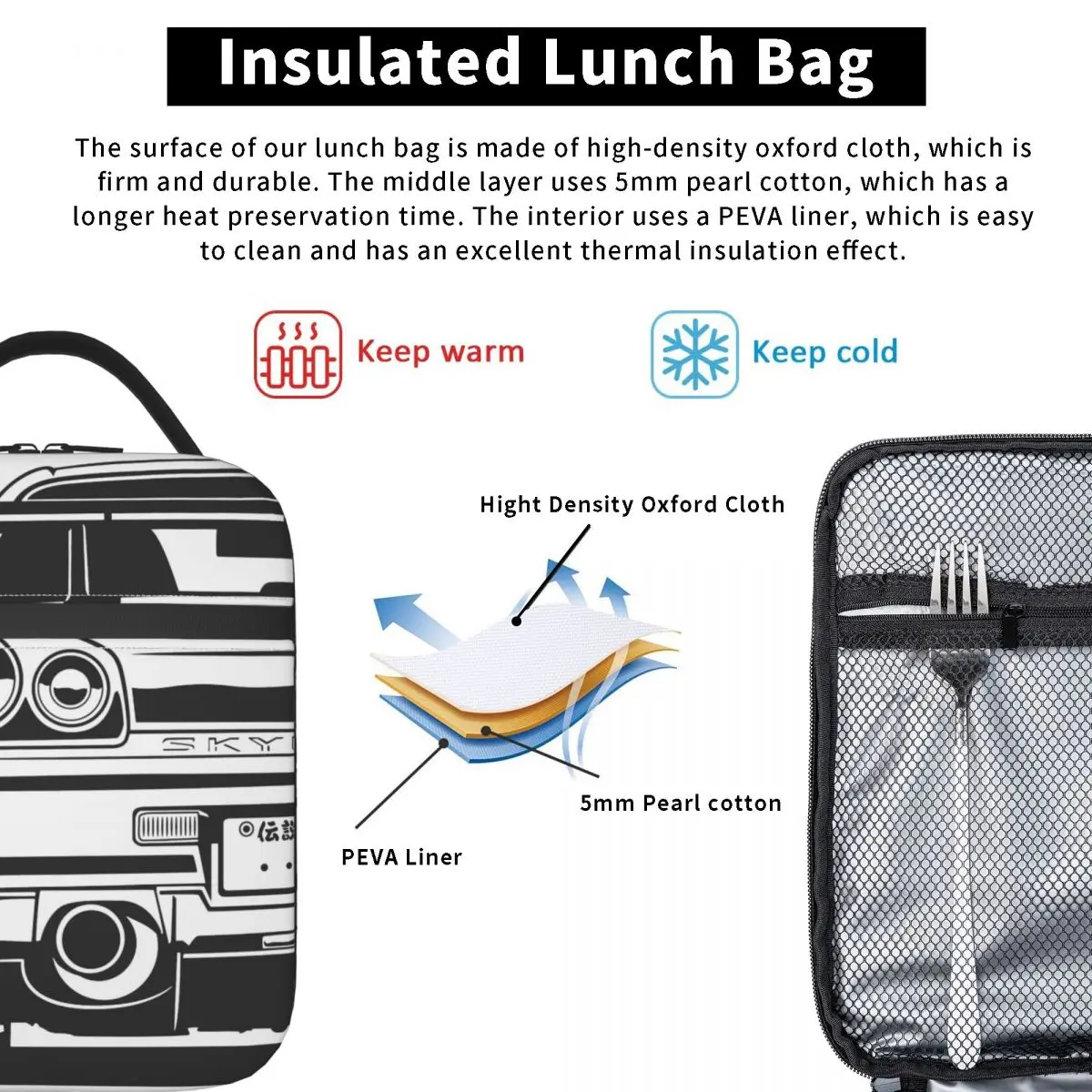 Japanese JDM Car Skyline GTR R34 Insulated Lunch Bag Food Box Portable Cooler Thermal Bento Box Travel