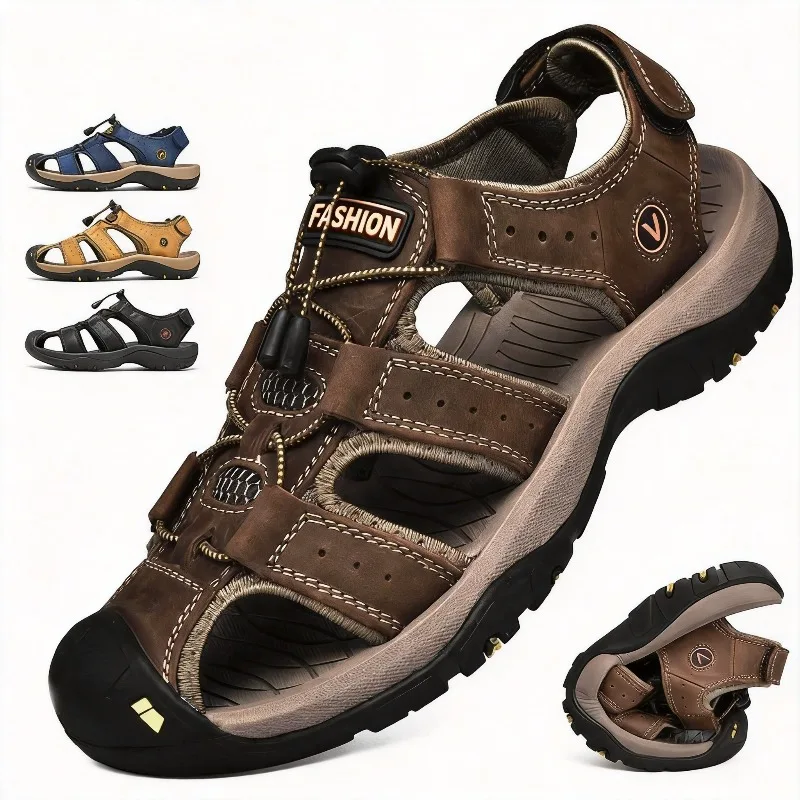 

Men's Sandals Handmade Thick Bottom Rubber Breathable Casual Slip-On Beach Shoes Leather Upgraded Version