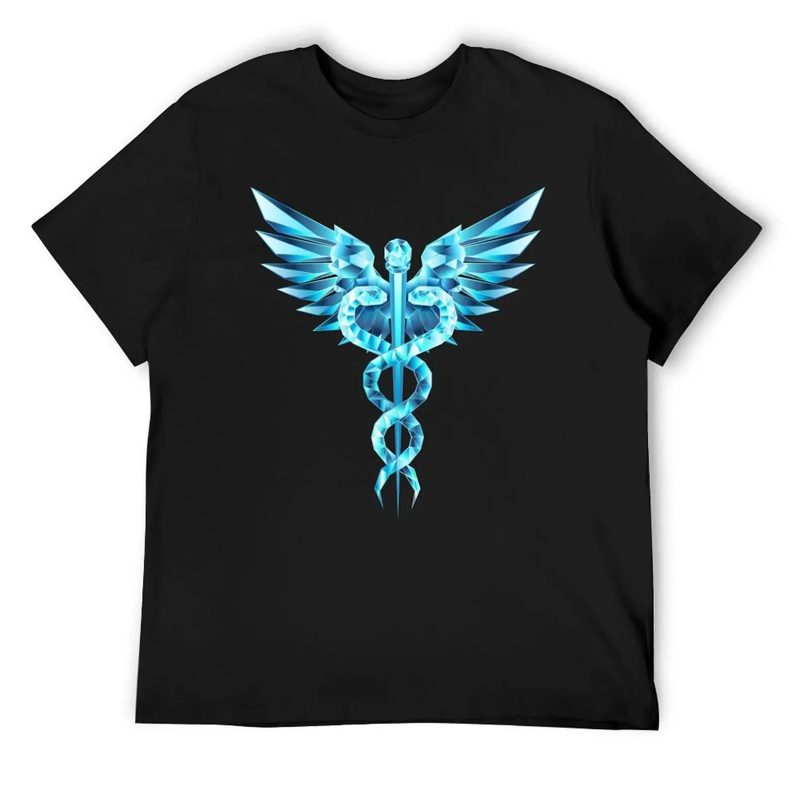 

Caduceus Crystal Symbol on Black Background T-Shirt quick drying kawaii clothes blue lock shirts men graphic