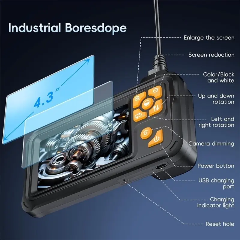 LED Light Endoscope Camera 1080P HD Borescope Inspection With 4.3