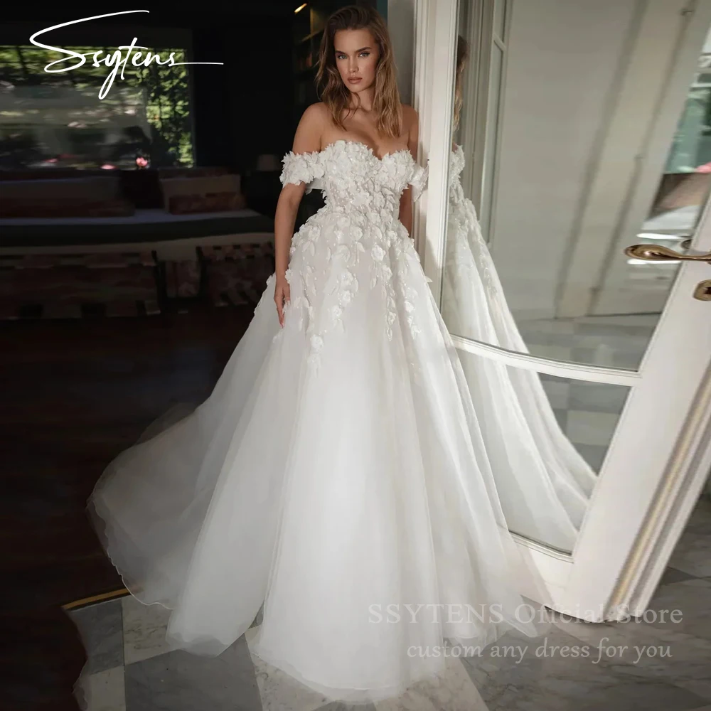 

SSYTENS Off Shoulder A Line Wedding Dresses 2026 Women Romantic Brides Dress Floral Lace Applique Satin Bridal Gown Customized