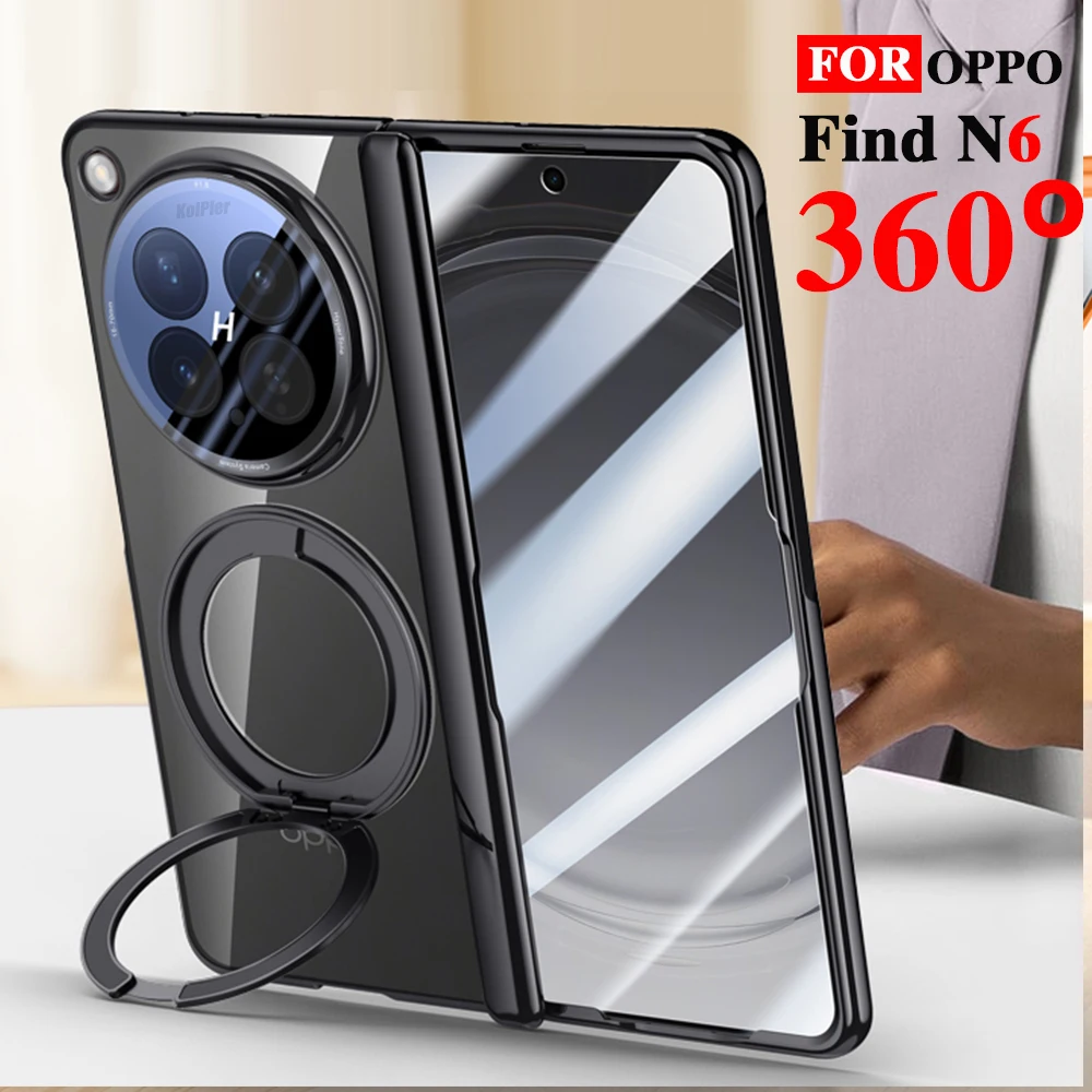 

Clear Plating Stand Cases For OPPO Find N6 5G 2026 Magnetic Flip Glass Srceen Protector Transparent Cover With Holder