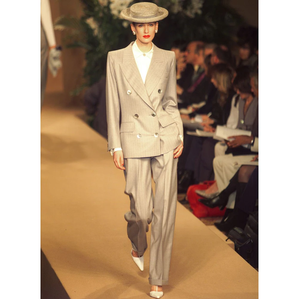 Vintage Women's Suits 2Piece Striped Blazer&Pants Sets Retro Formal Office Wear Classic Double-Breasted Jacket and Wide Trousers