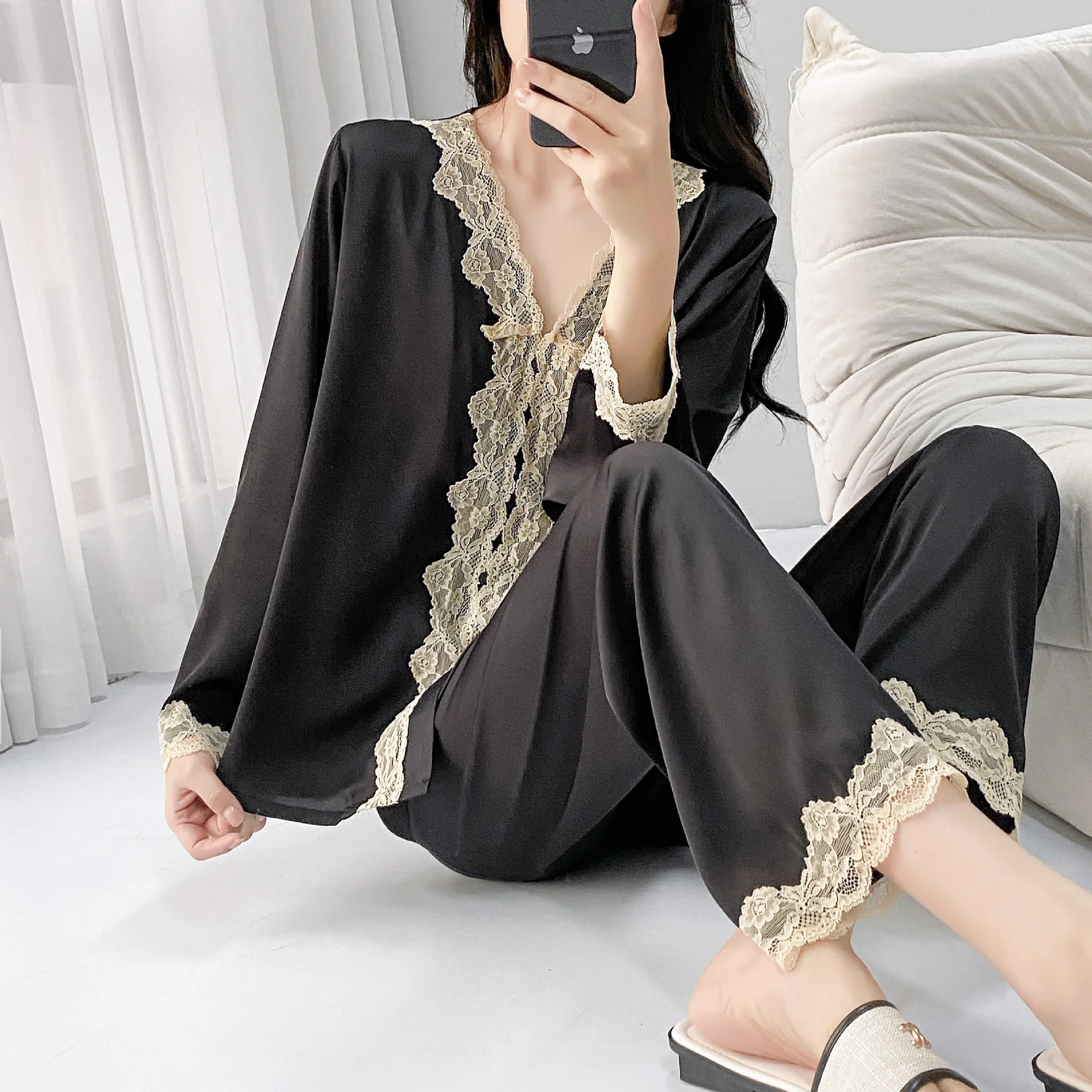 

Women Sexy Lace Applique Sleepwear Satin Pyjamas Silky 2 Piece Pajamas Set Loungewear Casual Solid Nightwear Shirt Pants