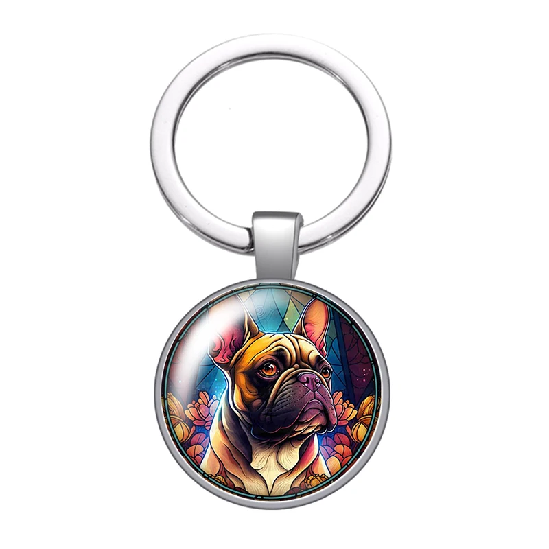 New Dog painting style Pet Bulldog collie Photo glass cabochon keychain Bag Car key chain Ring Holder Charms keychains for Gifts