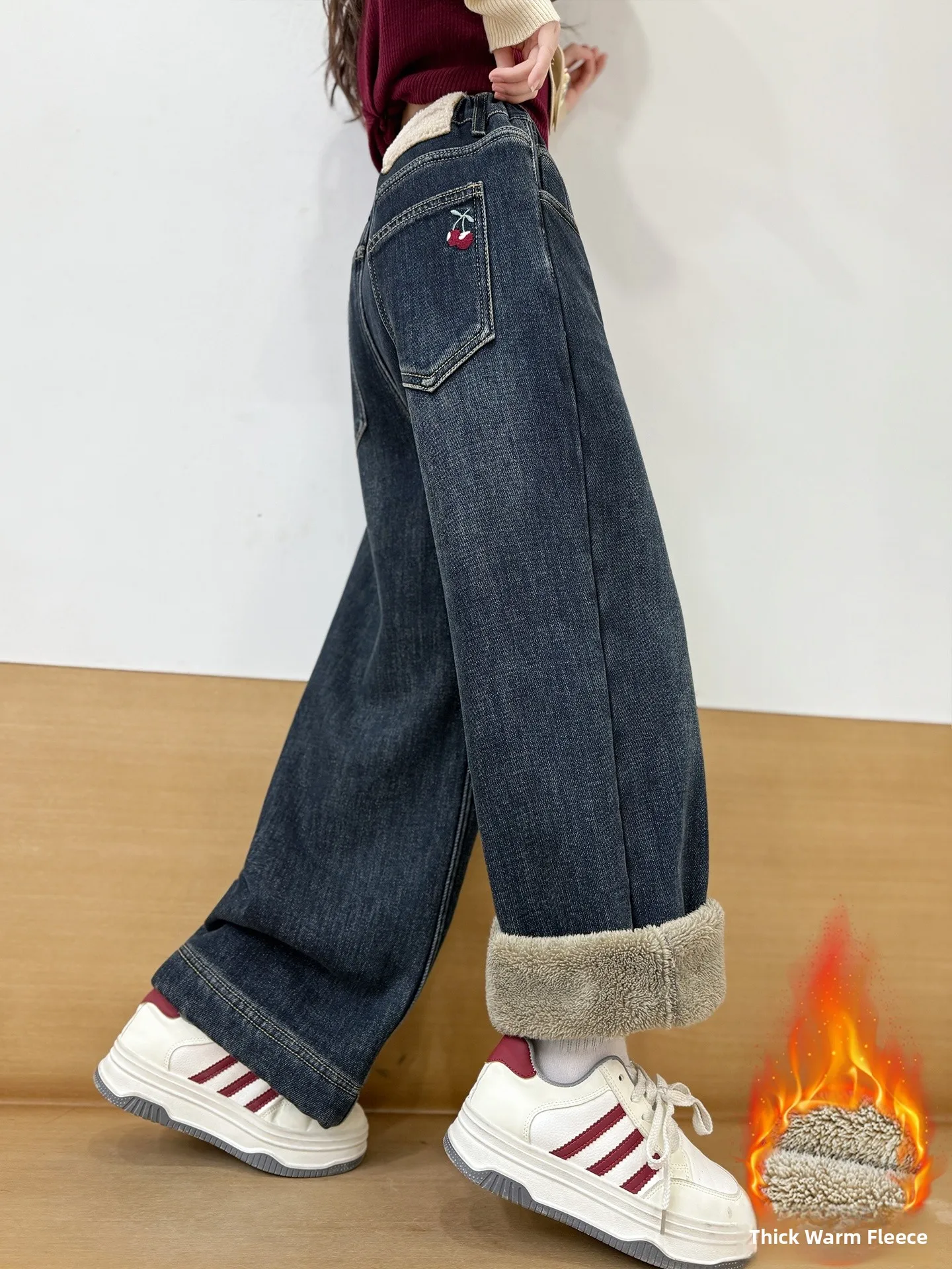 

Girls Fce Lined Thiened Wide Leg Pants Autumn Winter New Sle Casual Cotton Jeans with Camel Wool for Junior High Schoo...